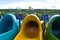 Colorful slides on panoramic view of Seaworld and Aquatica in International Drive area.