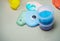 Colorful slime and fake eye with container for kid activity concept