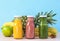 Colorful smoothies in bottles. Natural Organic Food Style.