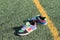 Colorful sneakers at the goal line