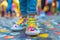 Colorful sneakers on vibrant city street