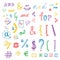 Colorful social media sign and symbol doodles set. Catchwords and, for, to, the, by. Vector design elements