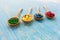 Colorful soft gelatin capsules of food supplements in wooden spoon