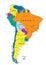 Colorful South America political map with clearly labeled, separated layers.