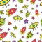 Colorful space hand drawn seamless pattern design. Bright trendy