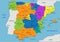 Colorful Spain political map with clearly labeled, separated layers.