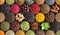 Colorful spice background, top view. Seasonings and herbs for In