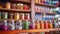 Colorful Spice Jars on Wooden Shelf