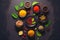 Colorful Spices in dishes from above