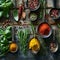 Colorful Spices and Fresh Herbs on Rustic Wooden Table