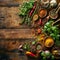 Colorful Spices and Fresh Herbs on Rustic Wooden Table