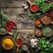 Colorful Spices and Fresh Herbs on Rustic Wooden Table