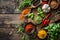 Colorful Spices and Fresh Herbs on Rustic Wooden Table