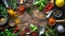 Colorful Spices and Fresh Herbs on Rustic Wooden Table