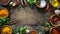 Colorful Spices and Fresh Herbs on Rustic Wooden Table