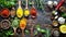 Colorful Spices and Fresh Herbs on Rustic Wooden Table