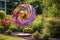 colorful spinning wind art piece in garden