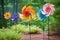 colorful spinning wind sculptures in a garden