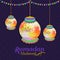 Colorful splash decorated creative hanging Arabic lanterns with lights on seamless floral background for Islamic holy month,