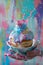 Colorful Splashing Icing on Cupcake in Hand, Vibrant Background with Paint Splatter, Creative Pastry Art, Dynamic Motion Freeze