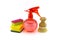Colorful sponges, dish brushes and spray bottle