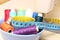 Colorful spools of thread, tape measure and thimble