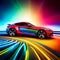 Colorful sports car with shiny rainbow silhouette driving on asphalt