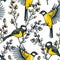 Colorful spring background. Great tits on willow branches in sketched style. Hand drawn passerine bird and flowers seamless