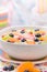 Colorful spring dessert vanilla pudding fruit