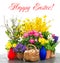 Colorful spring flowers and easter eggs decoration