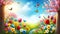 Colorful spring garden scene with butterflies and blooming flowers