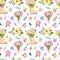 Colorful spring or summer themes seamless pattern with pretty pink and yellow flowers, kids rain boot, butterflies