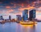 Colorful spring sunset of Rhein river at night in Dusseldorf