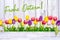 Colorful spring tulips on wooden background