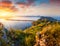 Colorful spring view of the Voidokilia beach from Navarino Castle. Great sunrise on the Ionian Sea, Pylos town location,