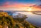 Colorful spring view of the Voidokilia beach from Navarino Castle. Great sunrise on the Ionian Sea, Pylos town location,