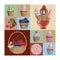 Colorful square background with cupcakes, ice cream cones, berries, basket.