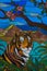 Colorful stained glass depicting a tiger