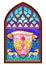 Colorful stained glass window. Gothic architectural style. Beautiful ornament with Celtic family royal coat of arms symbol.
