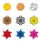 colorful starburst badge shapes, starburst seals, glossy