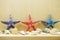 Colorful Starfish and seashell marine decoration with space copy on wooden background