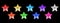 Colorful stars set black background isolated closeup, decorative shiny star shape collection, bright glitter Ð¡hristmas decoration