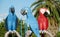 Colorful statues of blue and red parrots in Brazil