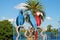 Colorful statues of blue and red parrots in Campo Grande, Brazil