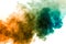 Colorful steam exhaled from the vape with a smooth transition of color molecules from yellow to blue on a white background like a