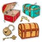 Colorful sticker, set old pirate chests with lock and keys