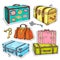 Colorful sticker, set retro luggage, old vintage suitcase, chest and bag