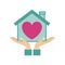 Colorful sticker silhouette of hands holding a house with heart inside