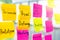 Colorful sticky note on the glass office wall with word related graphic design showing Research, Visual, Wireframing, Prototype