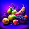 Colorful still life with fruits and vegetables on a purple background. Generative AI